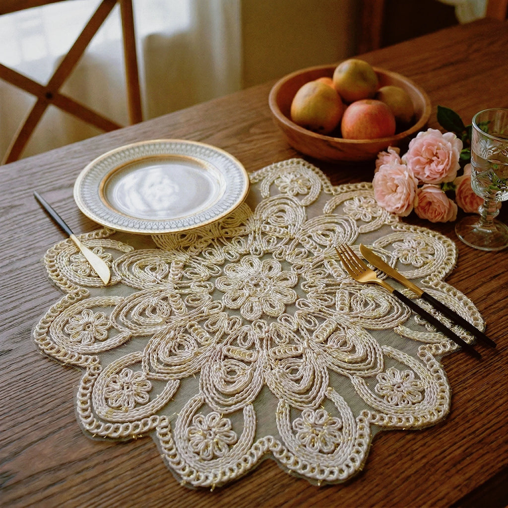 Floral woven placemat with gold thread
