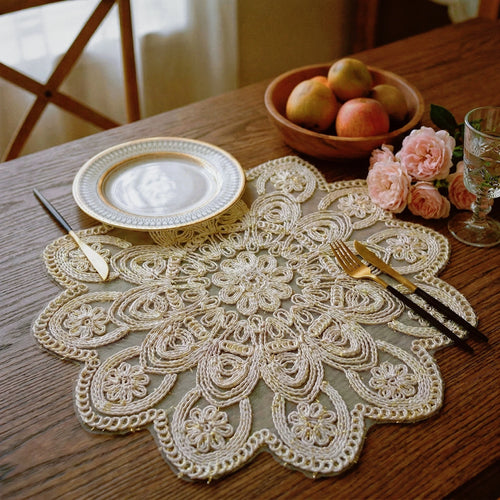 Floral woven placemat with gold thread