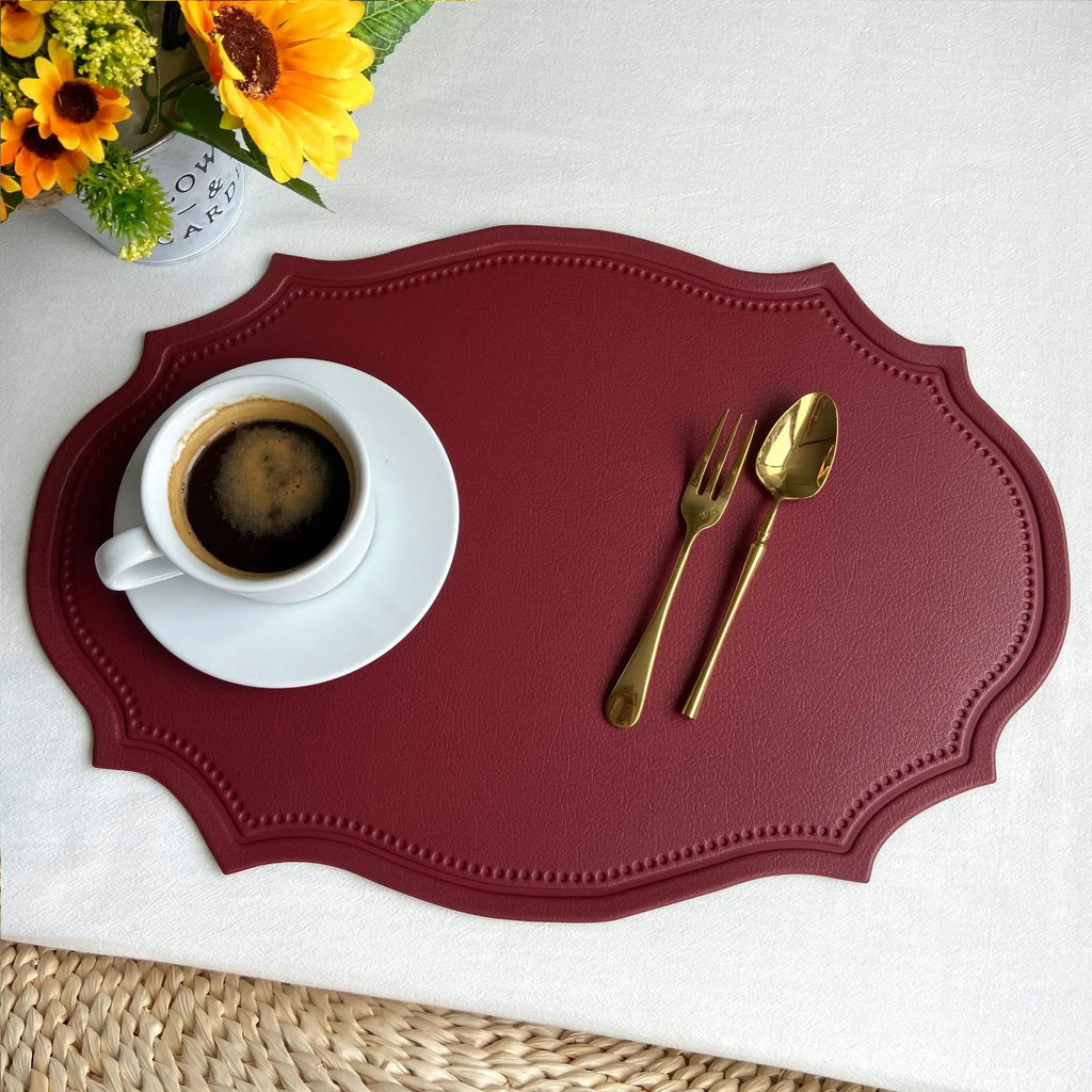 Irregular faux leather placemat on a dining table